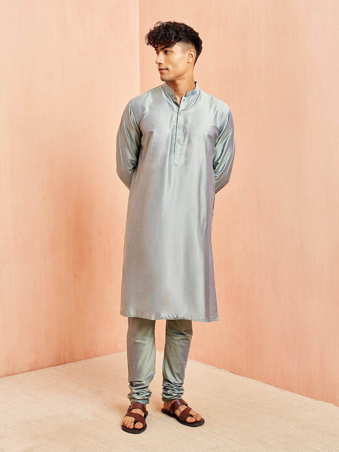 Olive Green Silk Wedding Wear Men'S Kurta Set