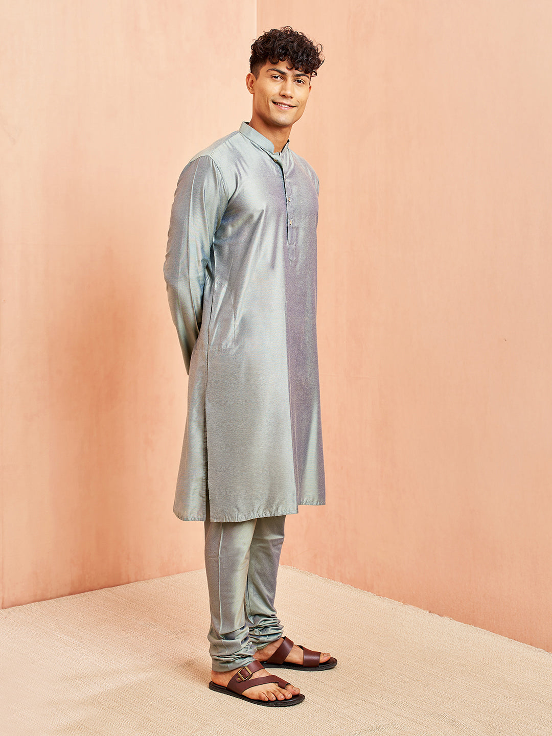 Olive Green Silk Wedding Wear Men'S Kurta Set