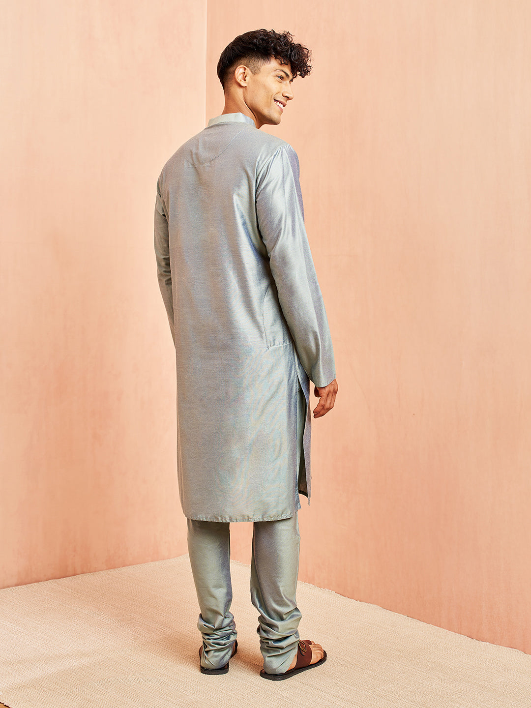 Olive Green Silk Wedding Wear Men'S Kurta Set