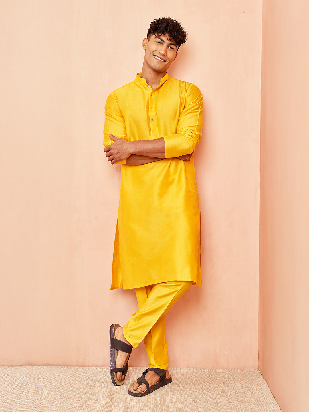 Yellow Silk Wedding Wear Men'S Kurta Set