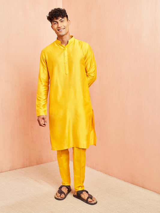 Yellow Silk Wedding Wear Men'S Kurta Set