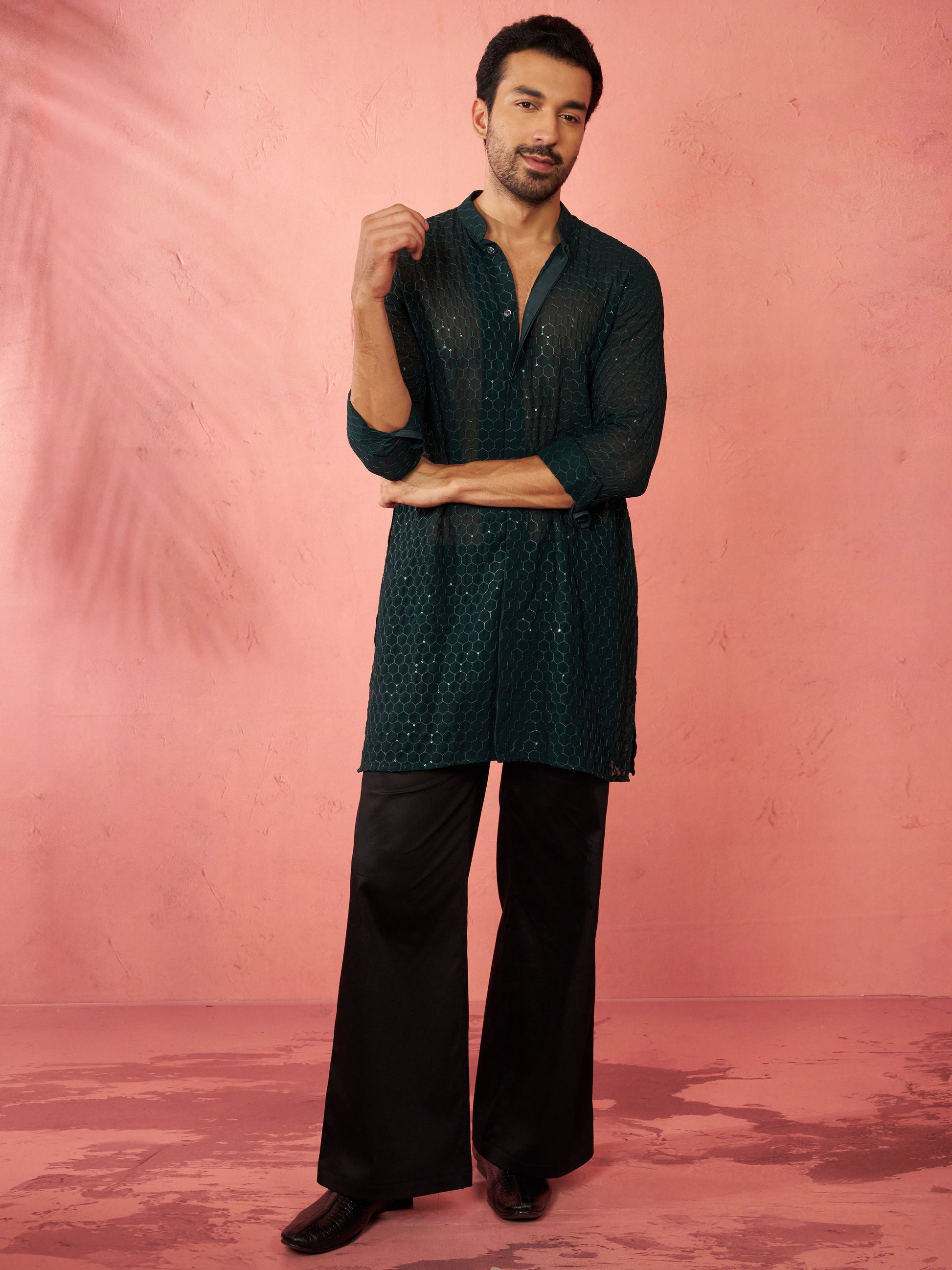 Bottle Green Georgette Navratri Wear Men'S Kurta Set