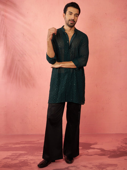 Bottle Green Georgette Navratri Wear Men'S Kurta Set