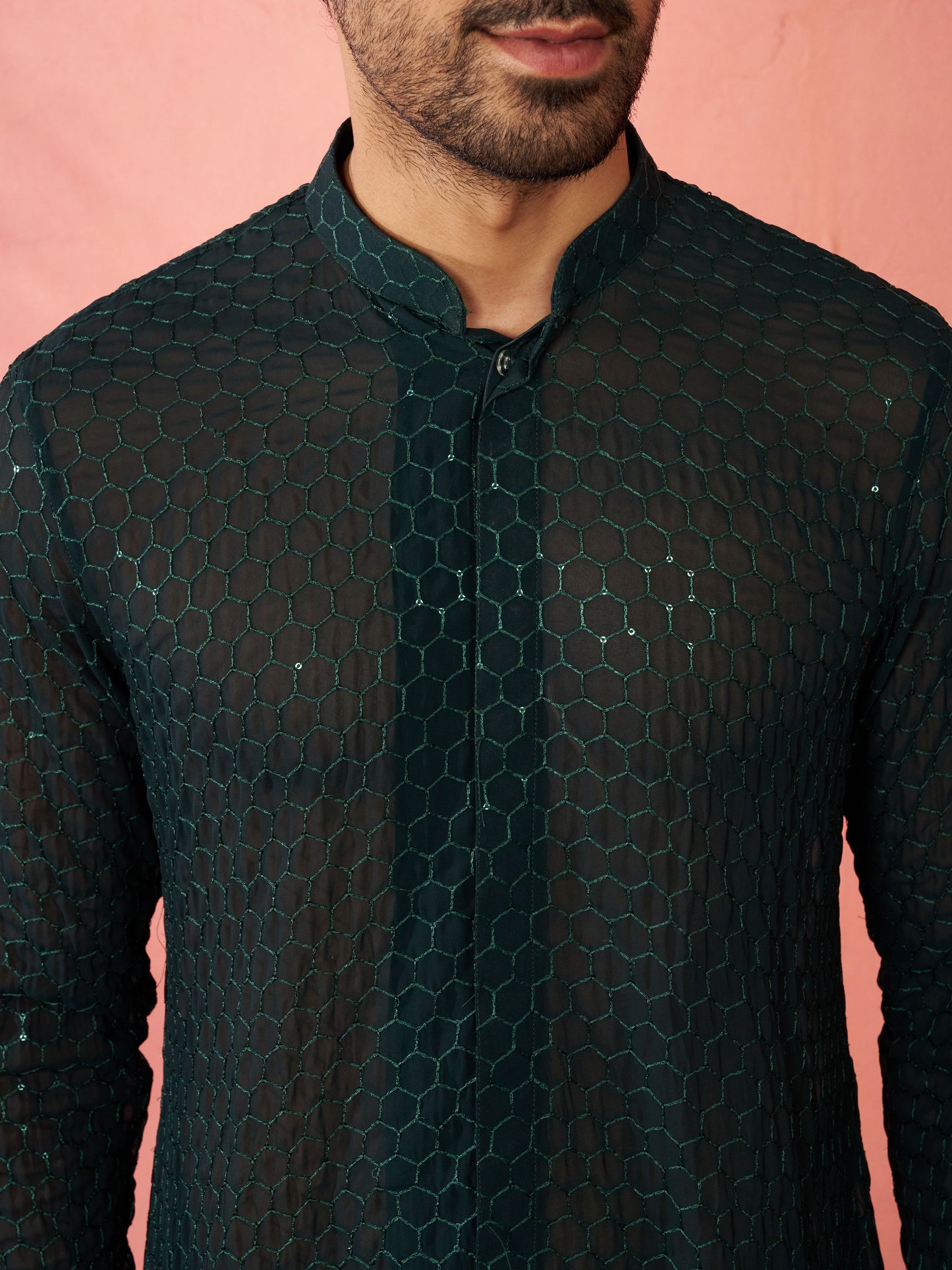 Bottle Green Georgette Navratri Wear Men'S Kurta Set