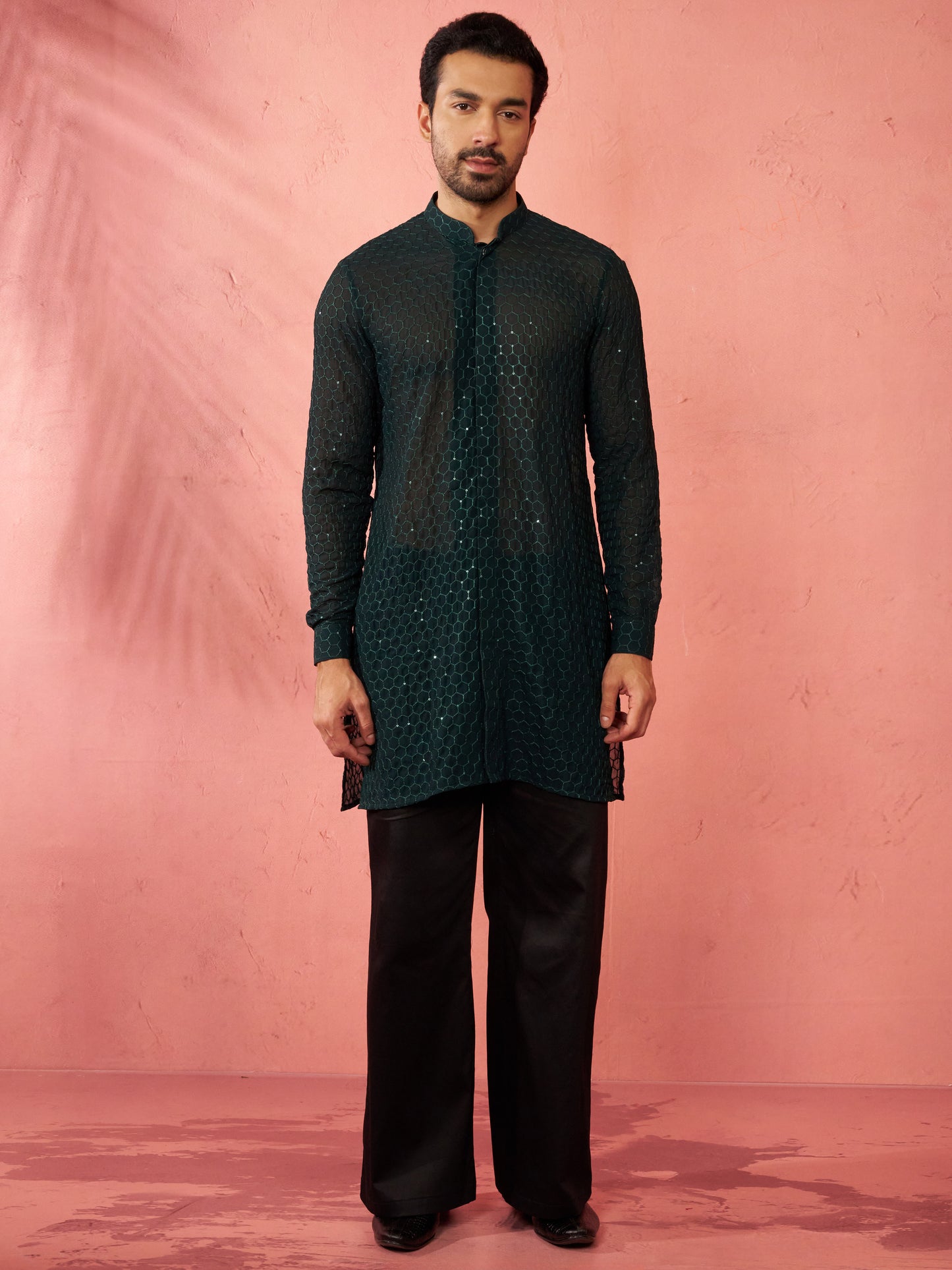 Bottle Green Georgette Navratri Wear Men'S Kurta Set