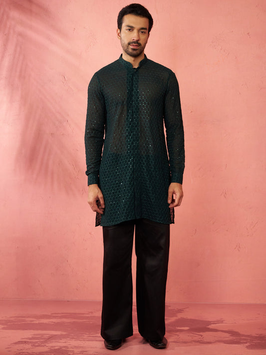 Bottle Green Georgette Navratri Wear Men'S Kurta Set