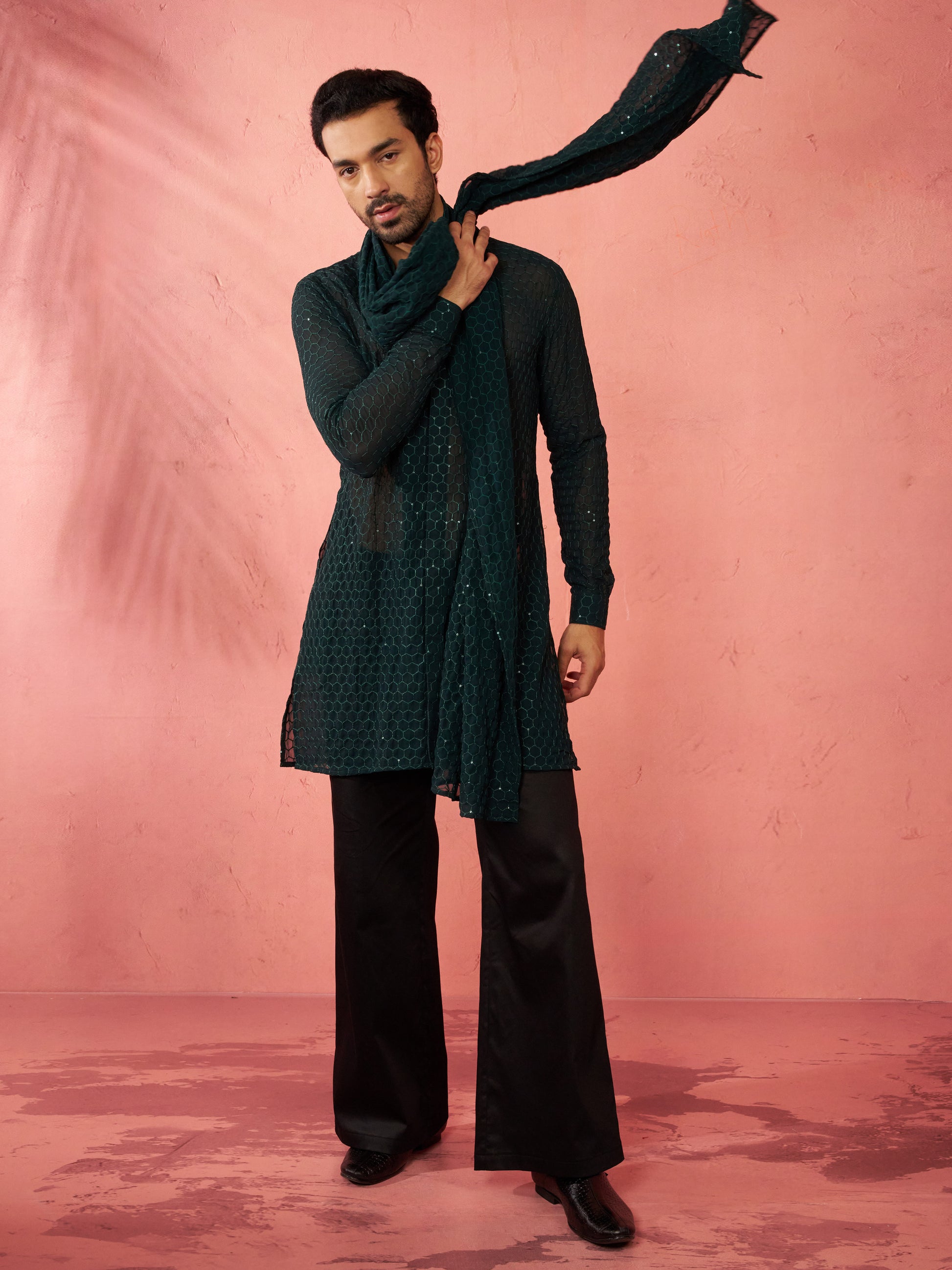 Maroon Georgette Navratri Wear Men'S Kurta Set With Dupatta