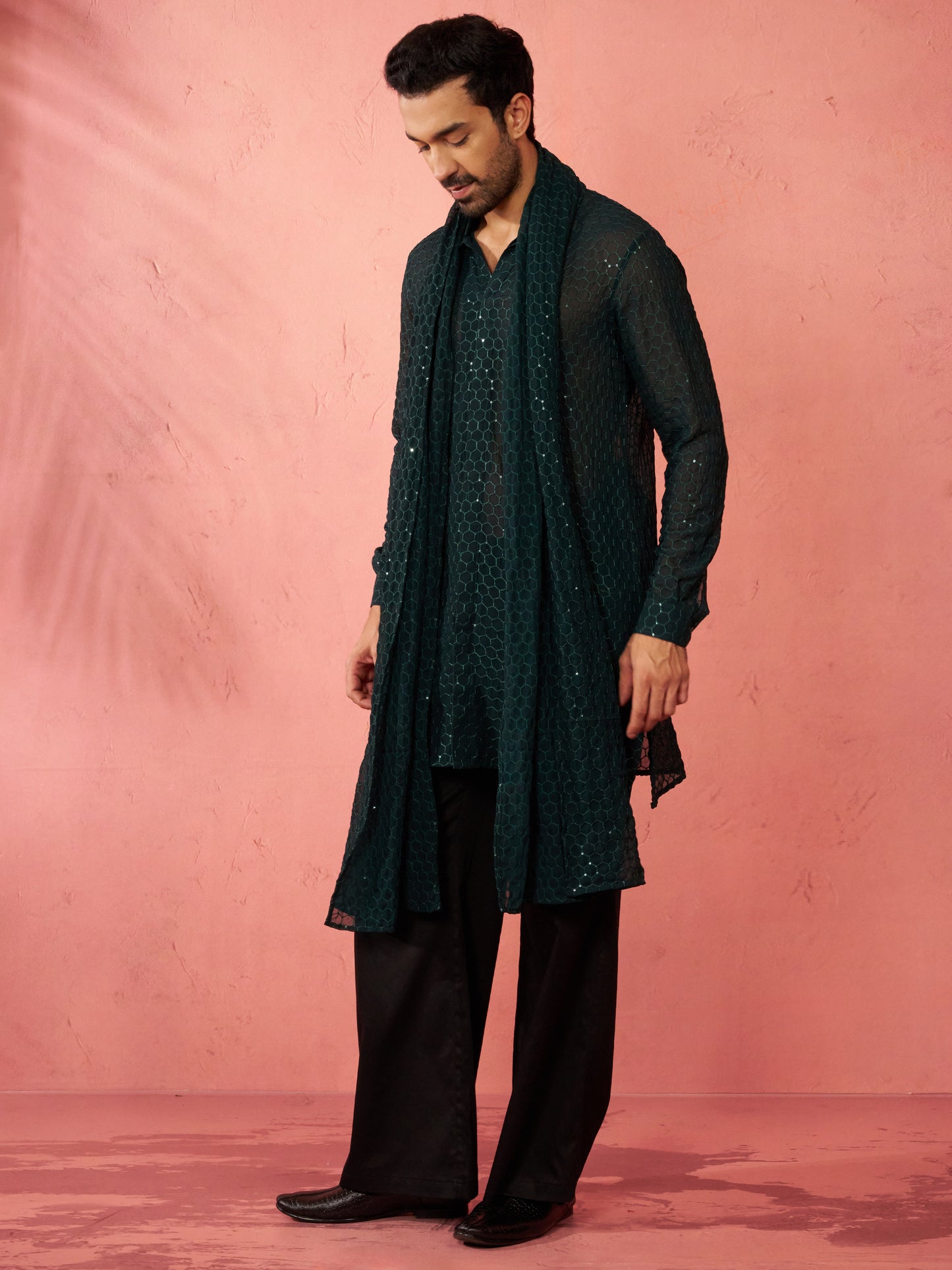 Maroon Georgette Navratri Wear Men'S Kurta Set With Dupatta