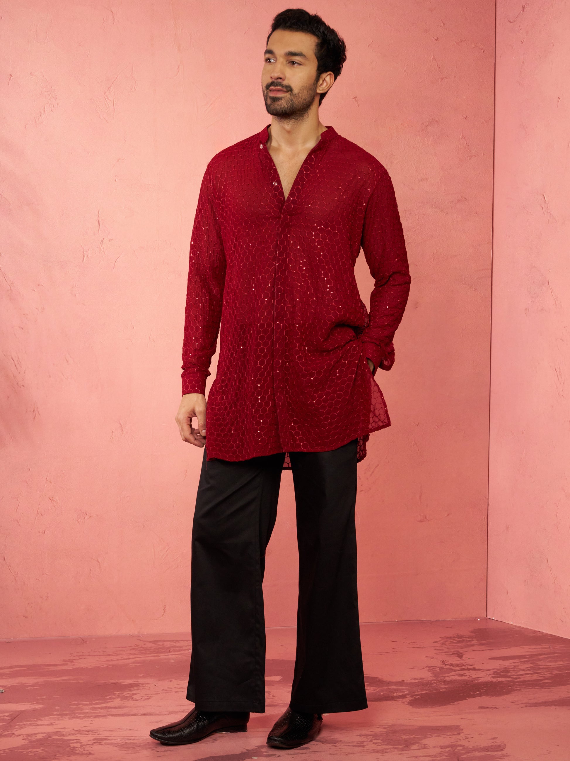 Maroon Georgette Navratri Wear Men'S Kurta Set