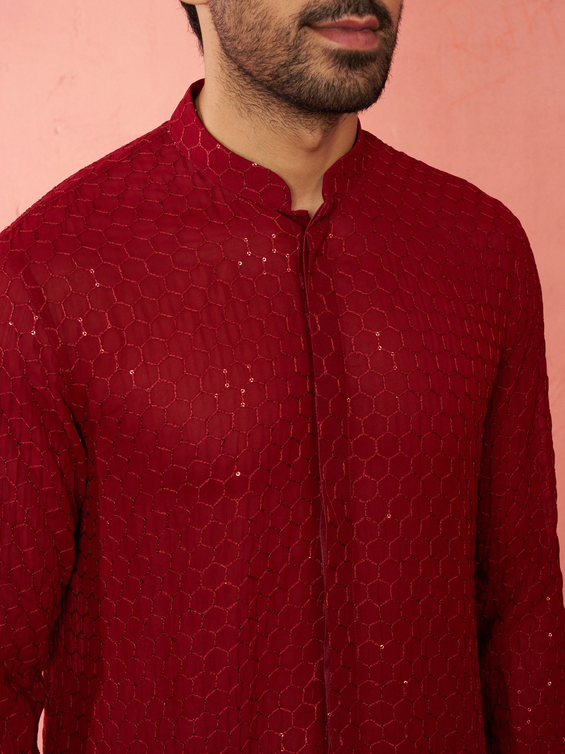 Maroon Georgette Navratri Wear Men'S Kurta Set