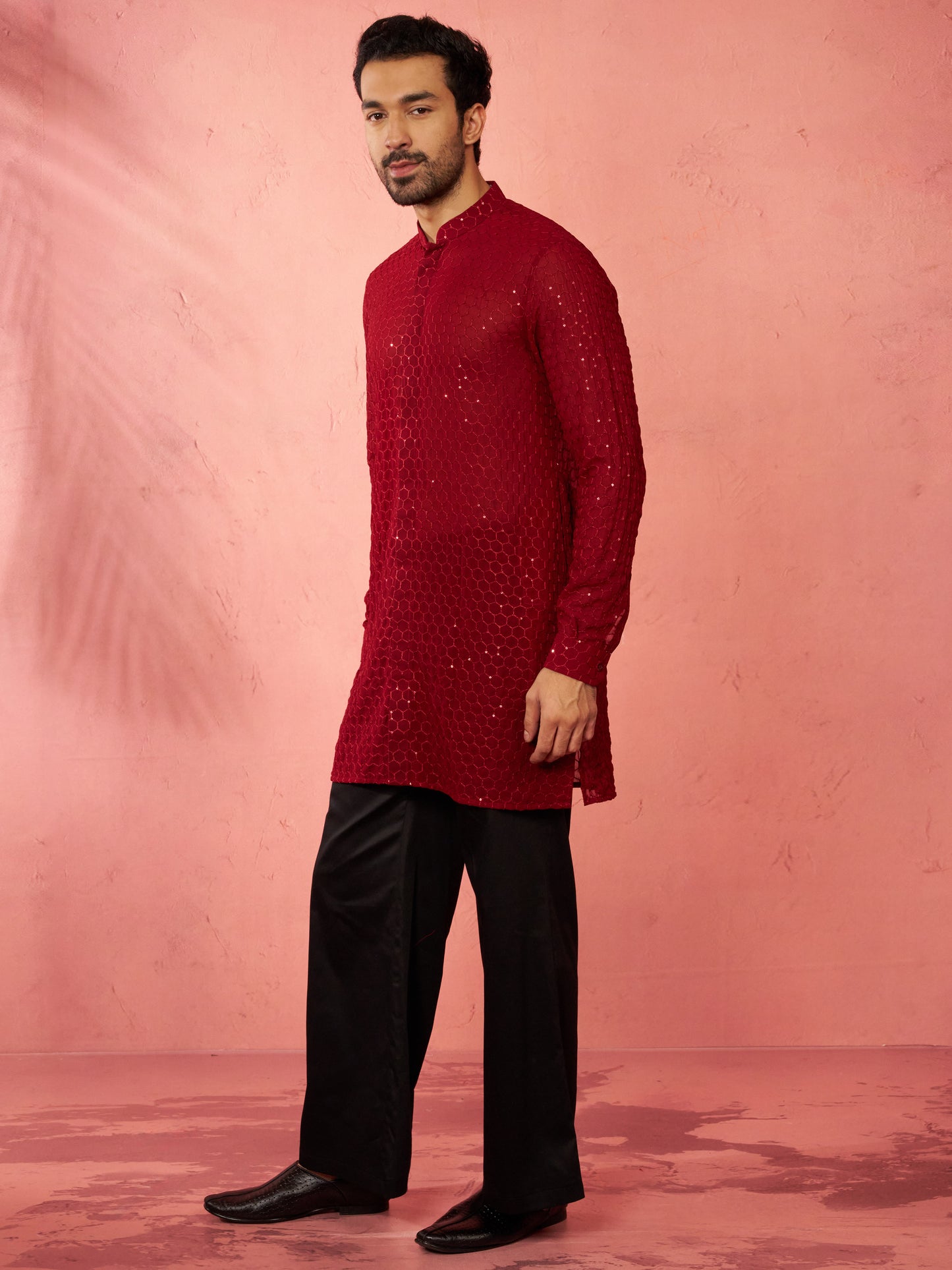 Maroon Georgette Navratri Wear Men'S Kurta Set