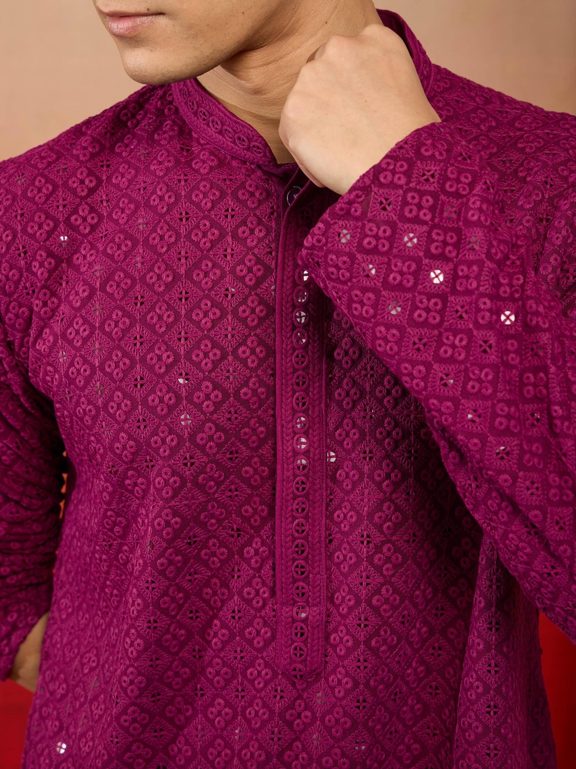 Purple Rayon Wedding Wear Men'S Kurta Set