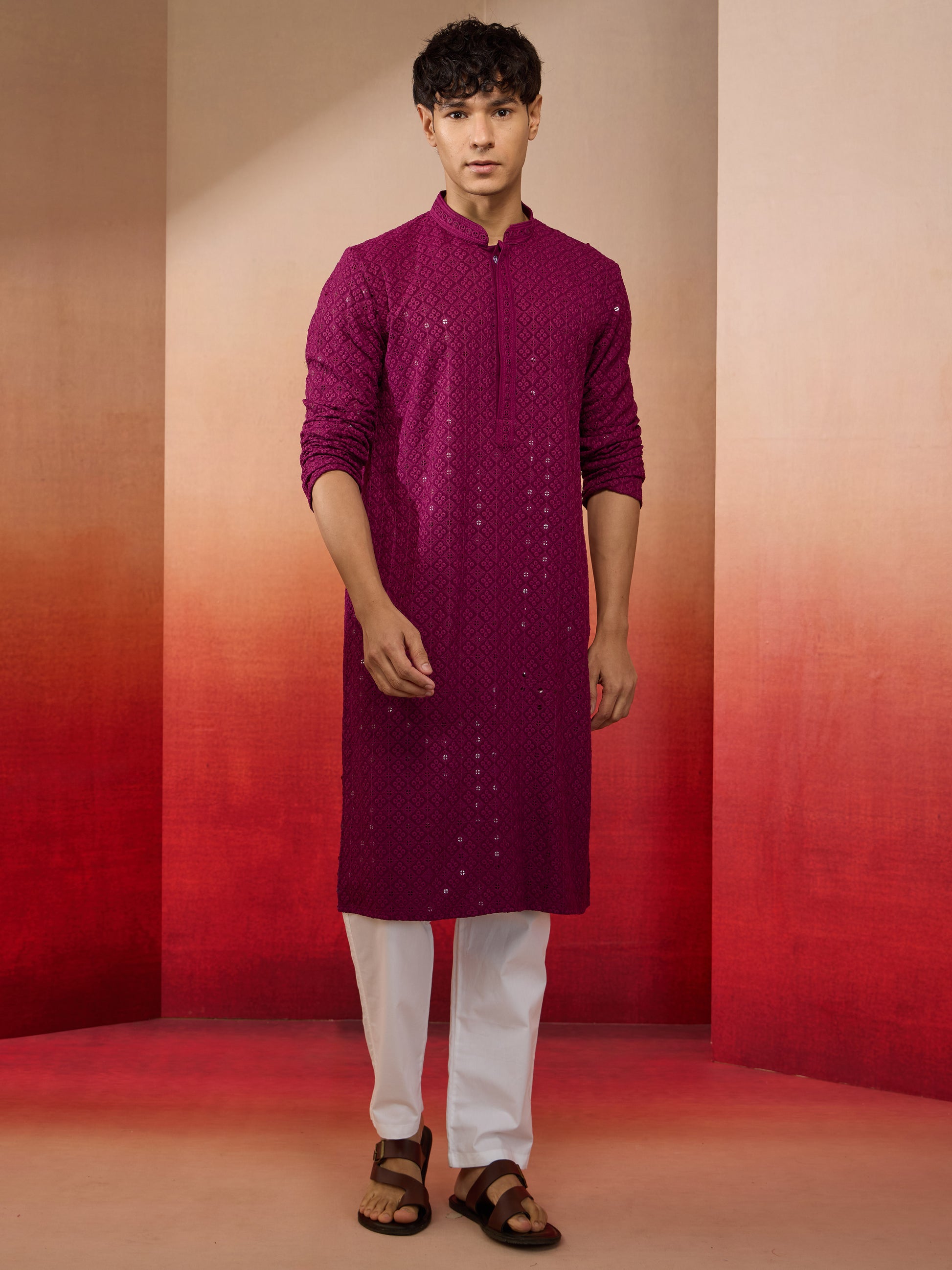 Purple Rayon Wedding Wear Men'S Kurta Set