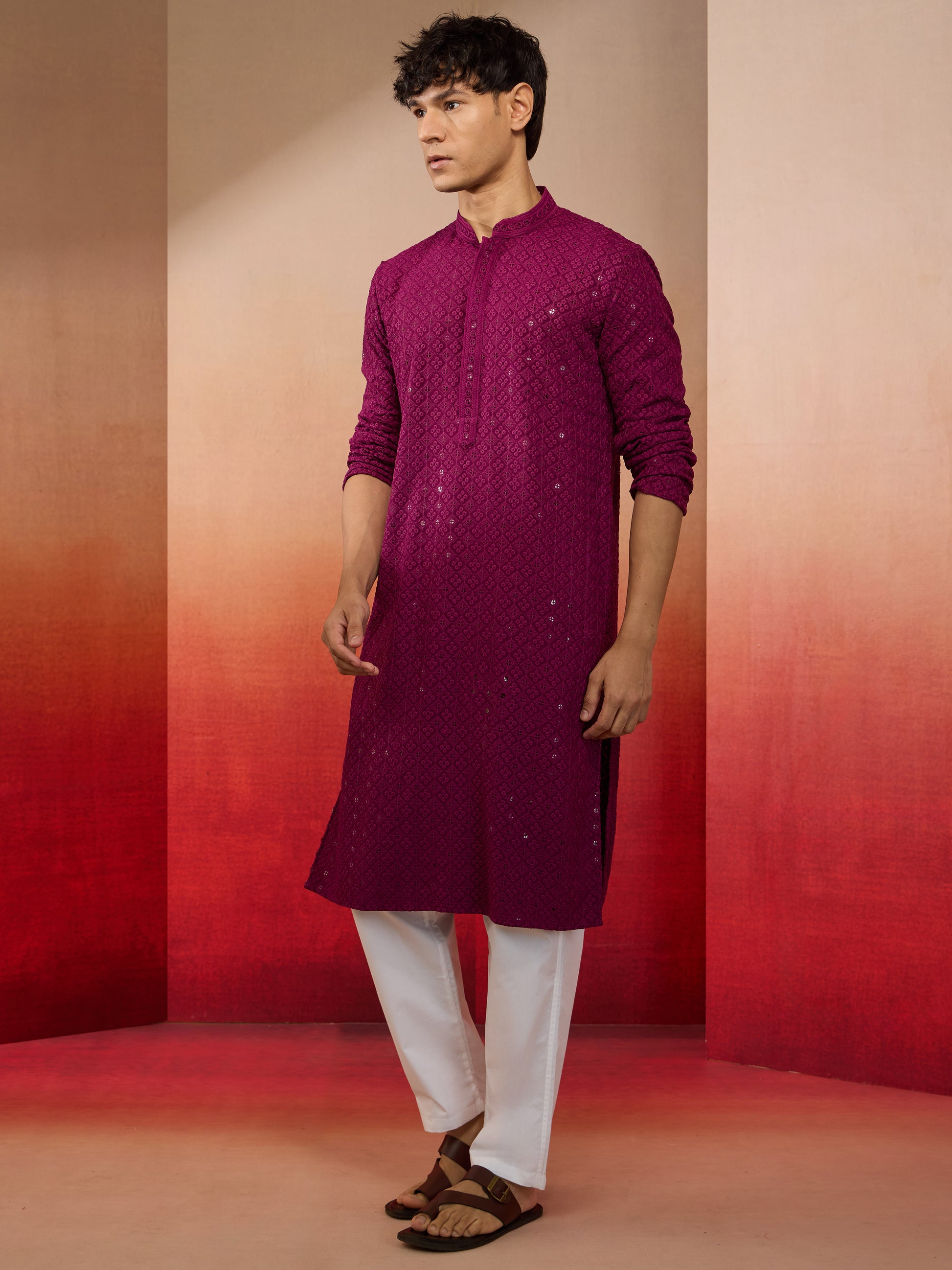 Purple Rayon Wedding Wear Men'S Kurta Set