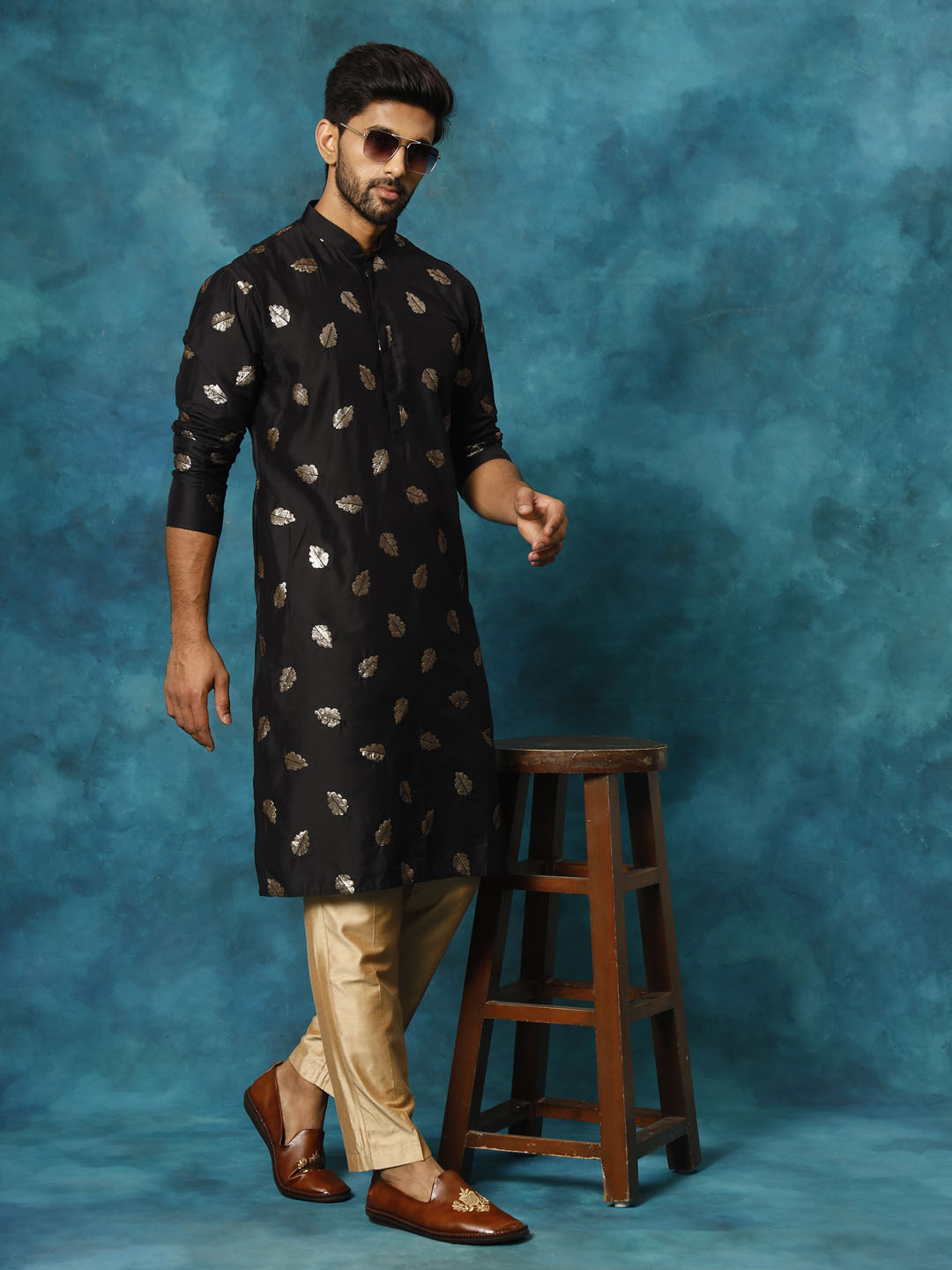 Black Cotton Blend Wedding Men's Kurta