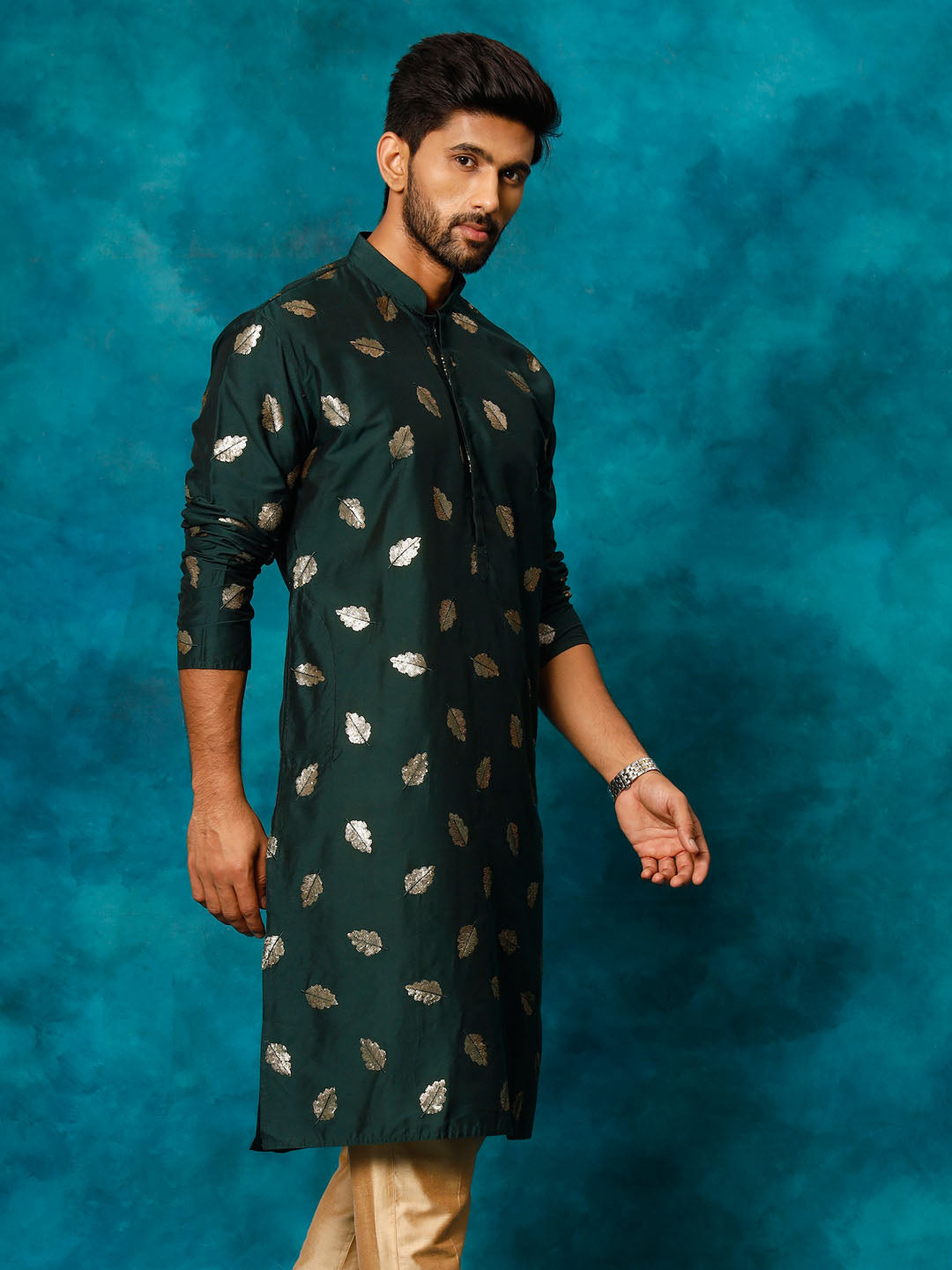 Green Cotton Blend Wedding Men's Kurta