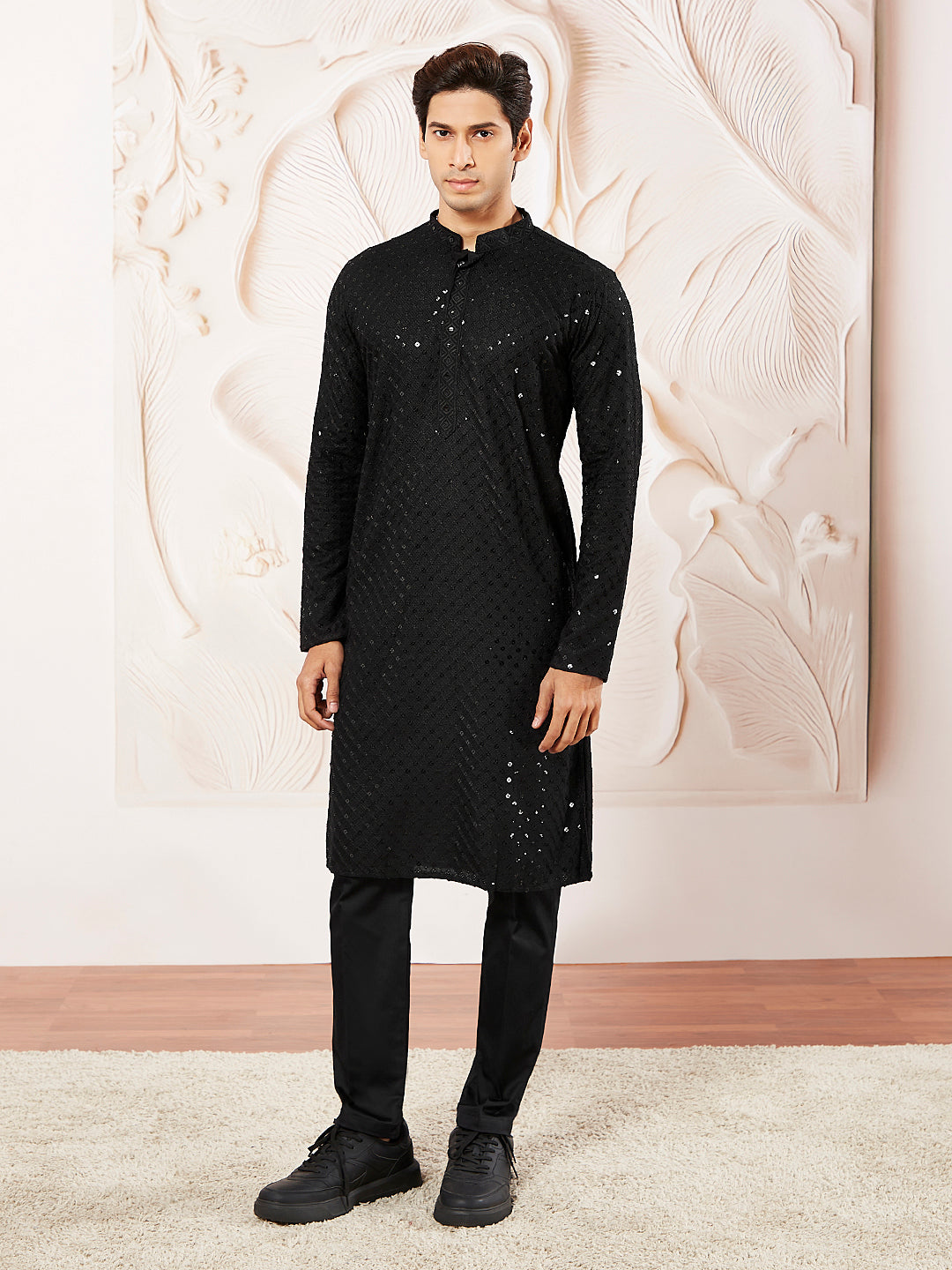 Black Cotton Blend Wedding Men's Kurta Set