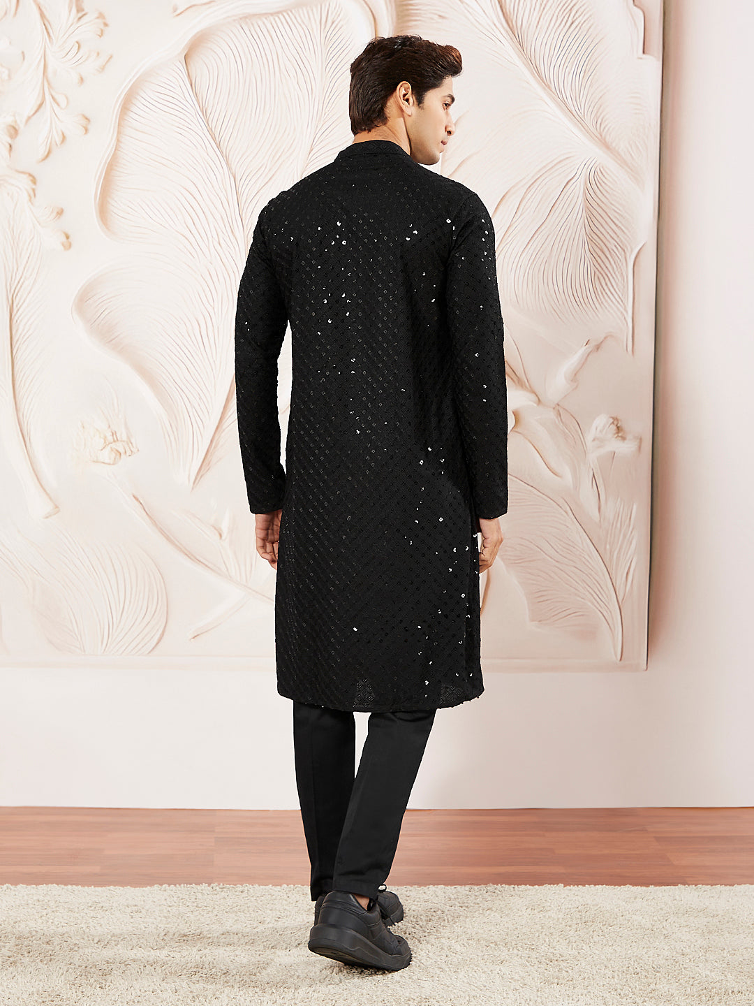 Black Cotton Blend Wedding Men's Kurta Set