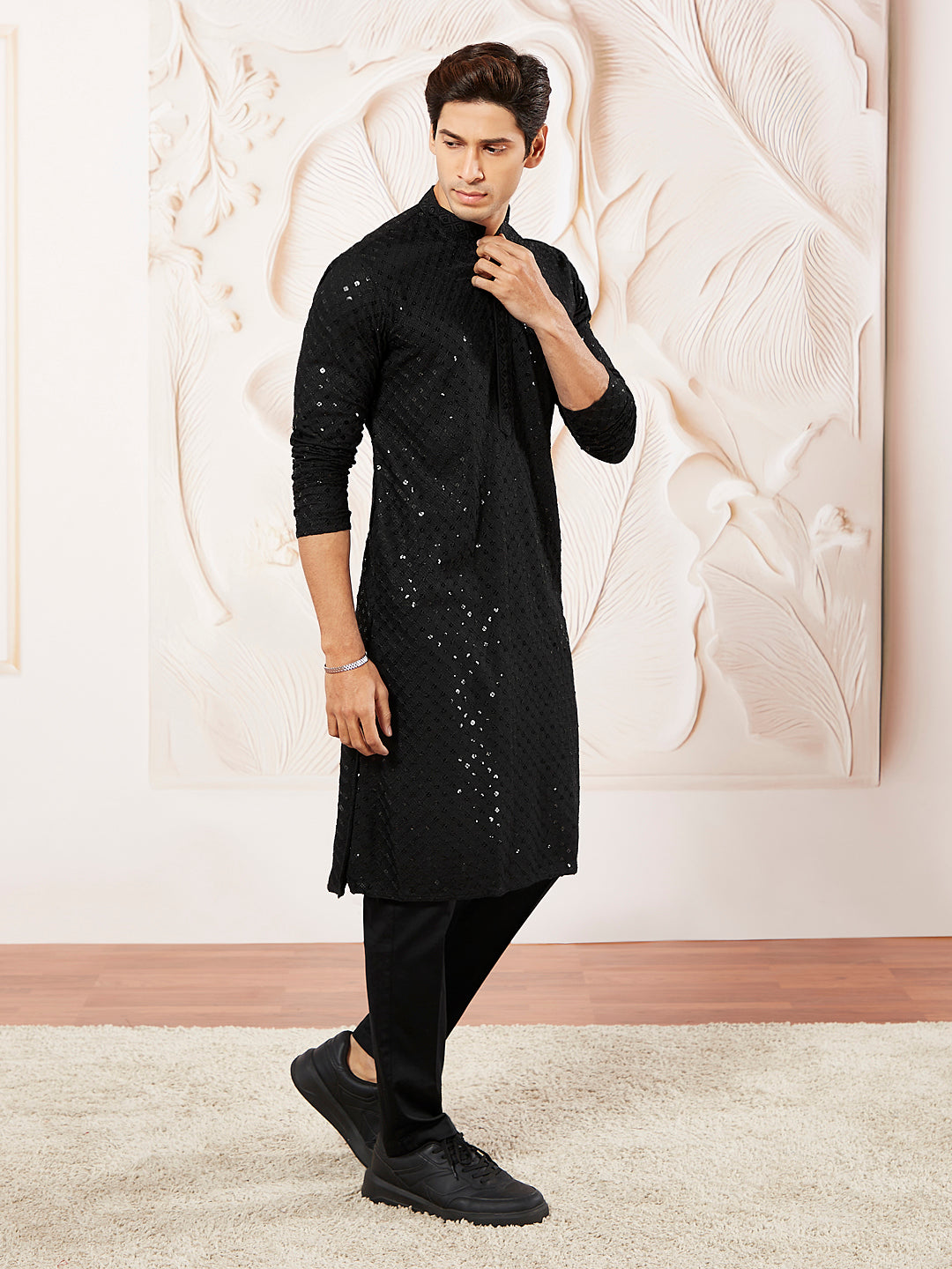 Black Cotton Blend Wedding Men's Kurta Set