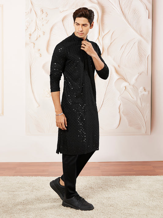 Black Cotton Blend Wedding Men's Kurta Set