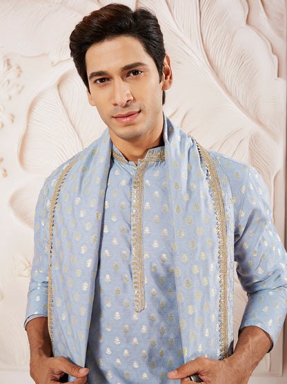 Aqua Silk Blend Wedding Men's Kurta Set with Dupatta