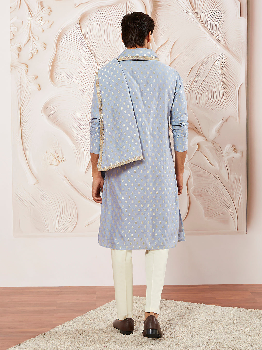 Aqua Silk Blend Wedding Men's Kurta Set with Dupatta