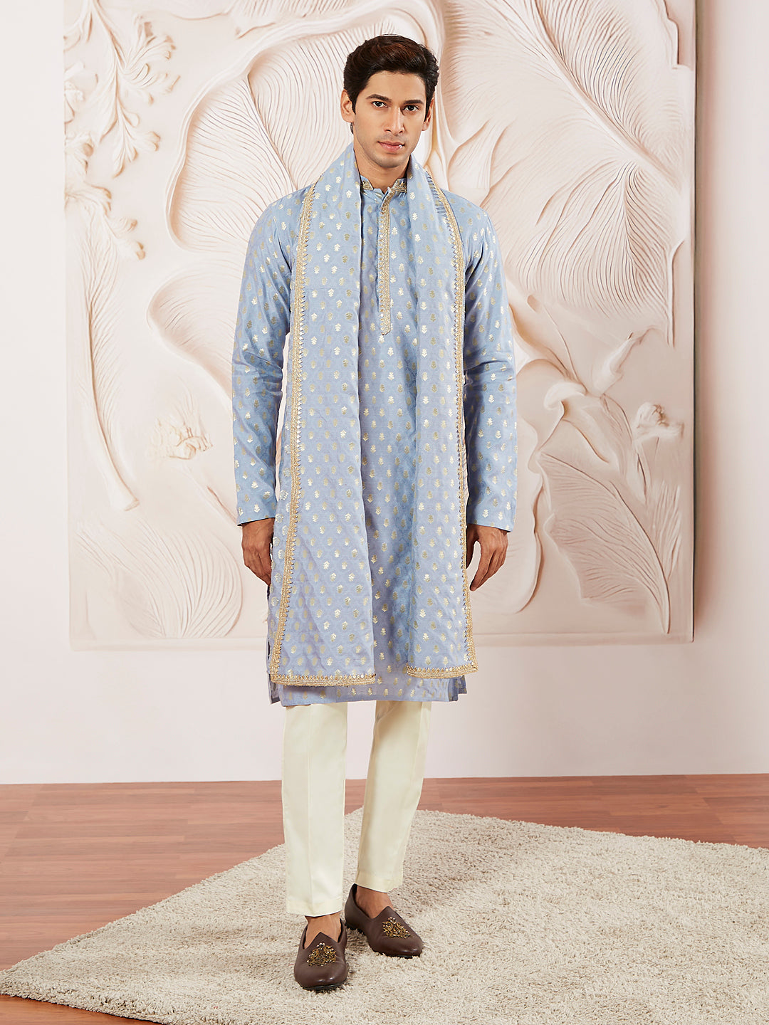Aqua Silk Blend Wedding Men's Kurta Set with Dupatta