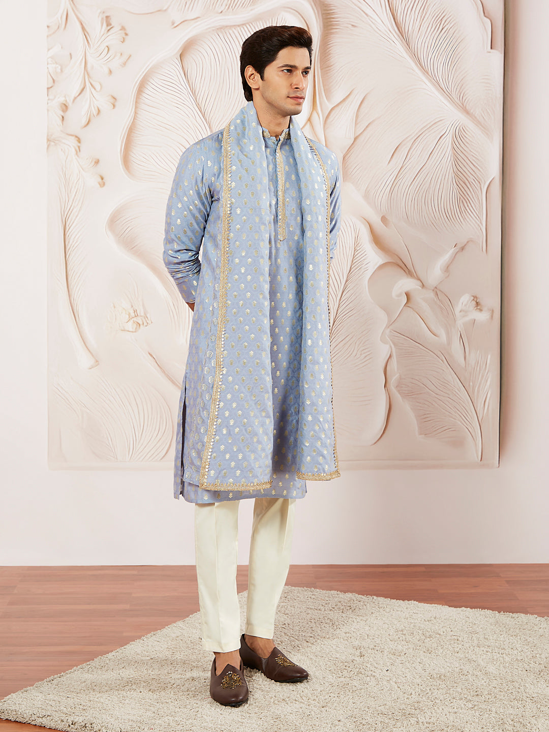 Aqua Silk Blend Wedding Men's Kurta Set with Dupatta