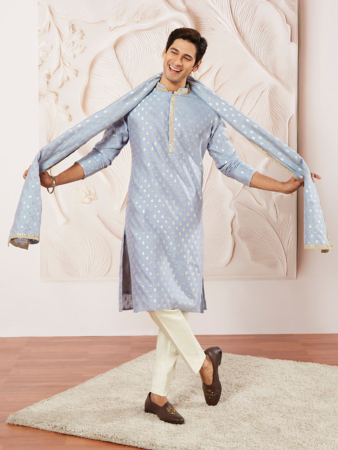 Aqua Silk Blend Wedding Men's Kurta Set with Dupatta