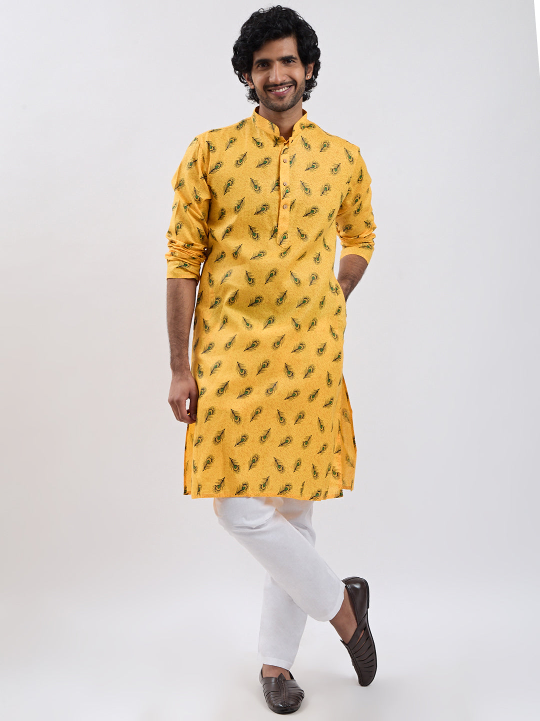 Yellow Cotton Blend Festival Men's Kurta Set