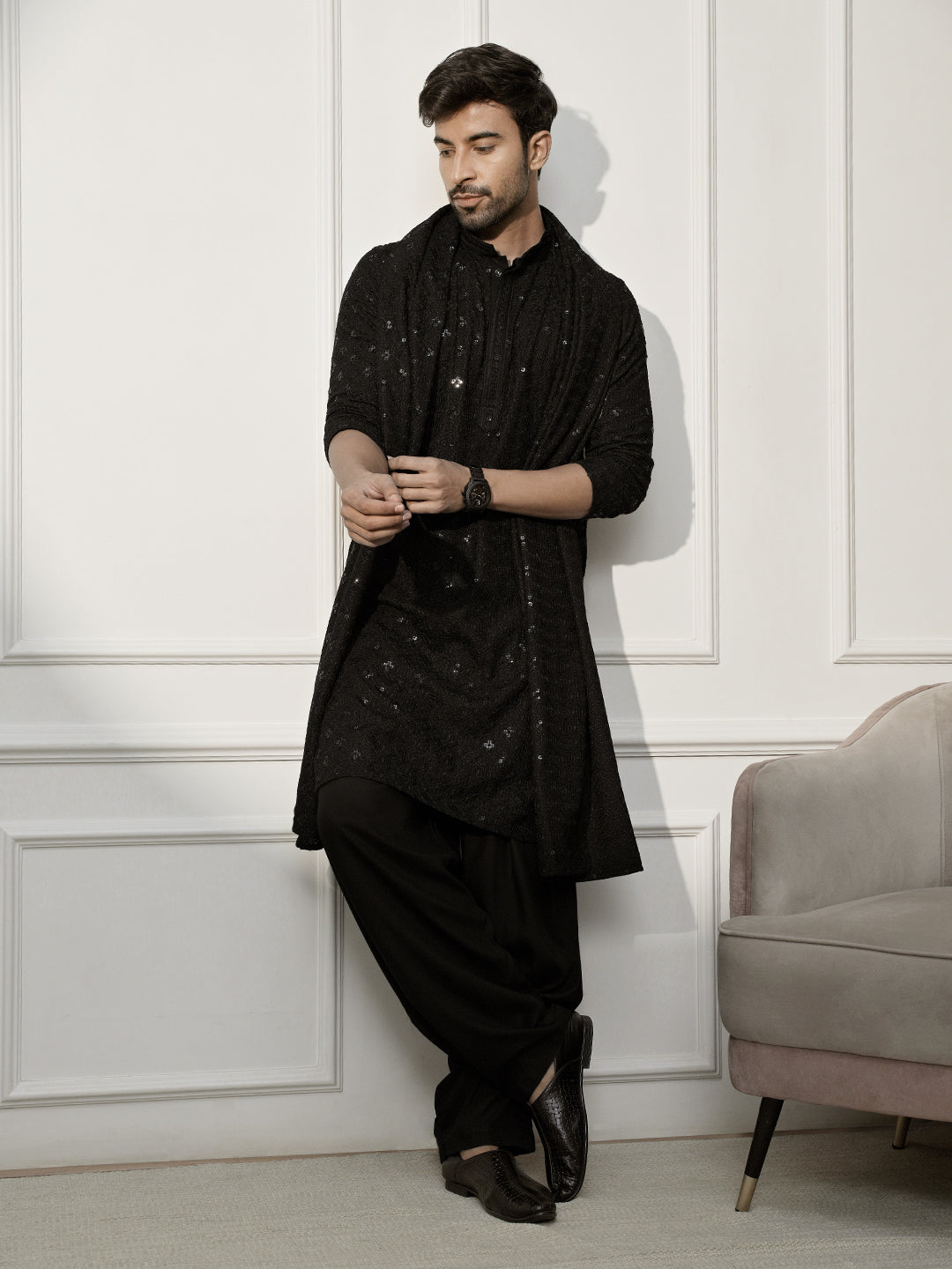 Black Rayon Festival Wear Men'S Kurta Set With Dupatta