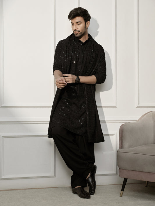 Black Rayon Festival Wear Men'S Kurta Set With Dupatta