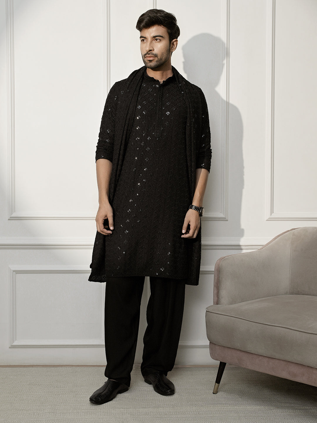 Black Rayon Festival Wear Men'S Kurta Set With Dupatta