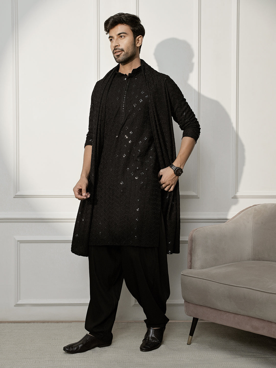 Black Rayon Festival Wear Men'S Kurta Set With Dupatta