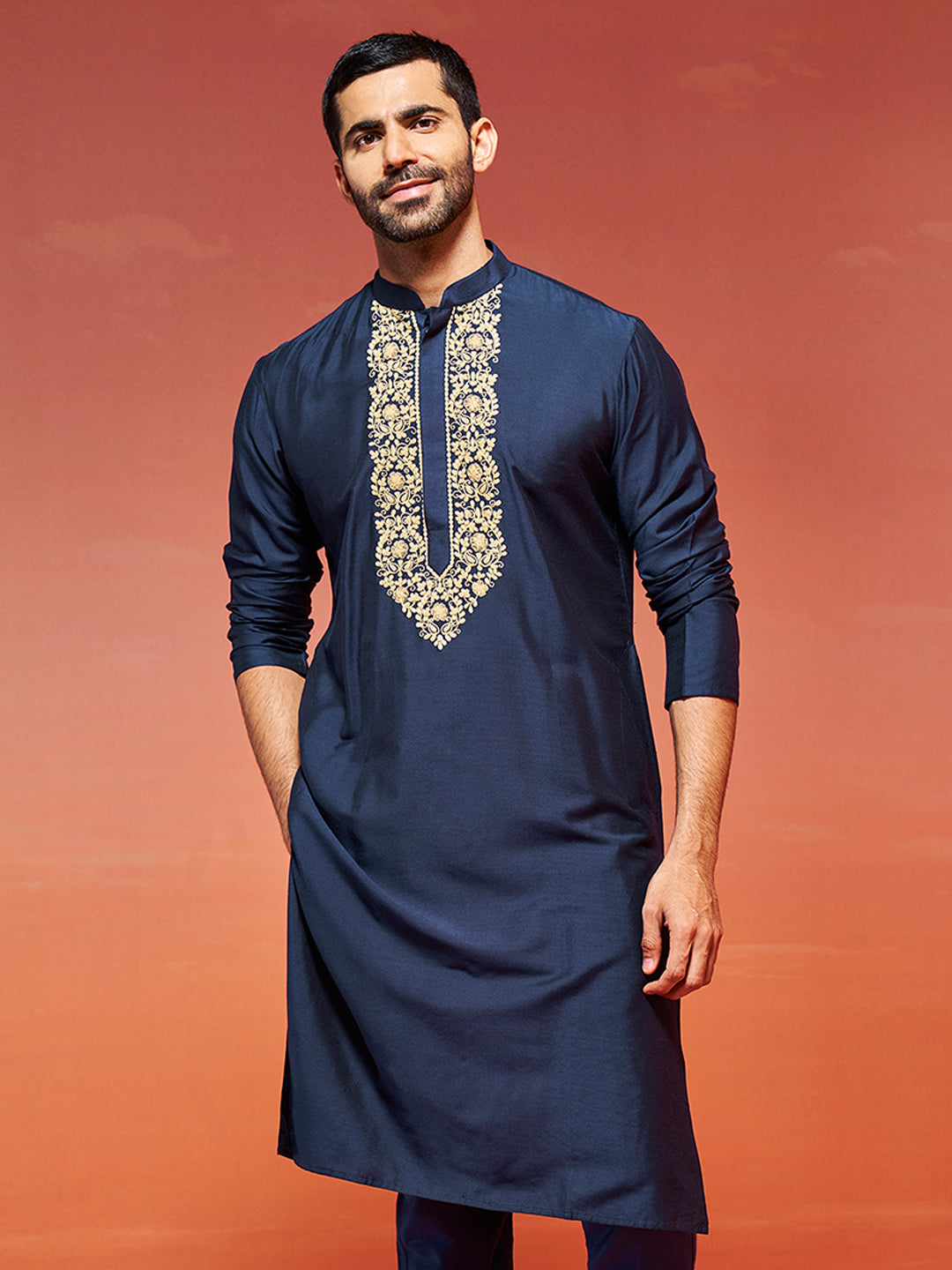 Navy Blue Viscose Wedding Men's Kurta