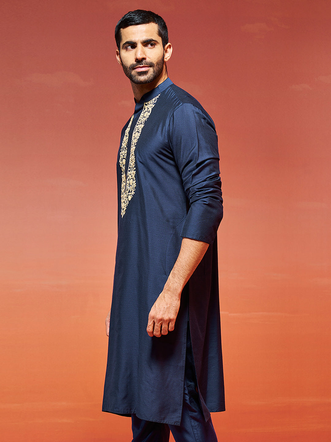 Navy Blue Viscose Wedding Men's Kurta