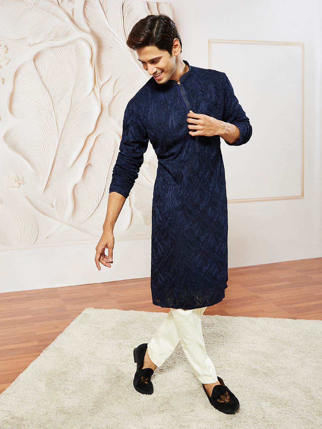 Navy Blue Georgette Wedding Men's Kurta