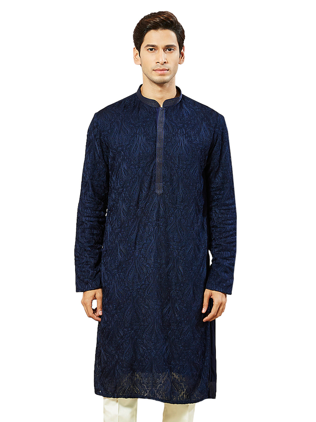 Navy Blue Georgette Wedding Men's Kurta