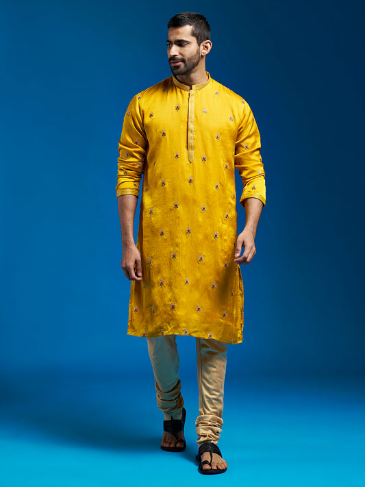 Mustard Silk Blend Wedding Men's Kurta