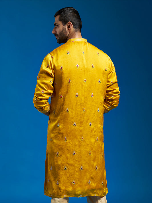 Mustard Silk Blend Wedding Men's Kurta