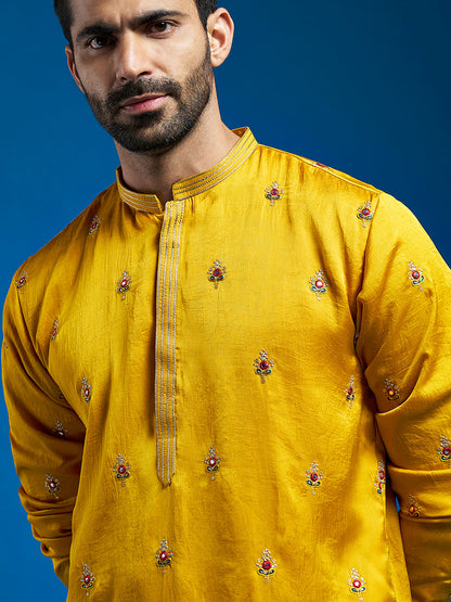 Ethnic Motifs Embroidered Mandarin Collar Tissue Silk Straight Kurta