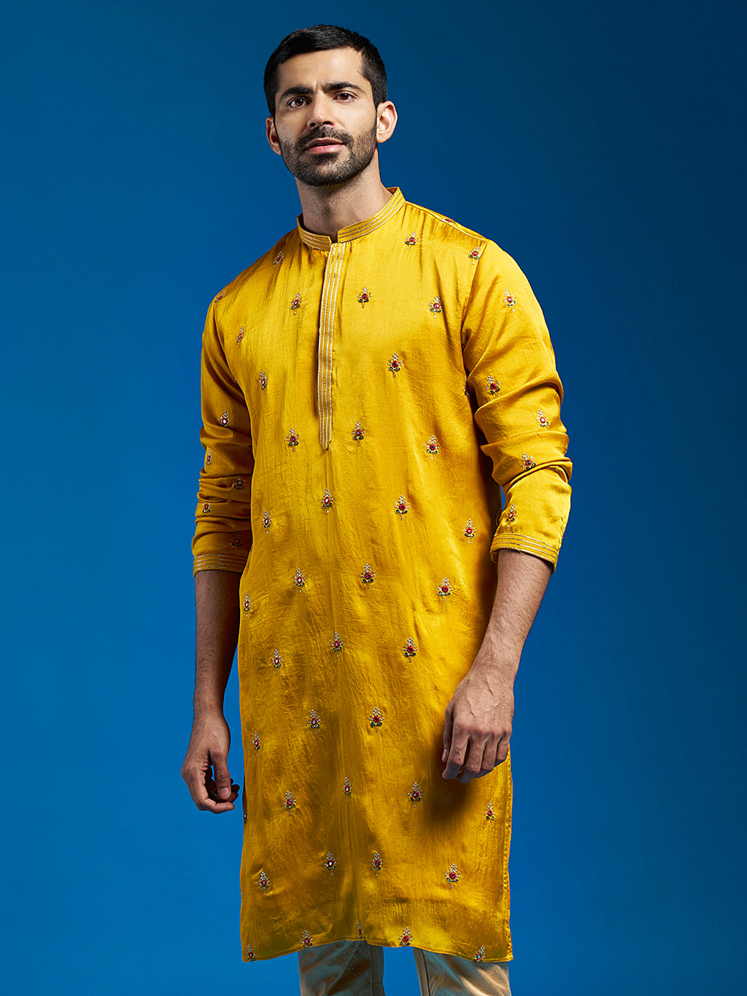 Ethnic Motifs Embroidered Mandarin Collar Tissue Silk Straight Kurta