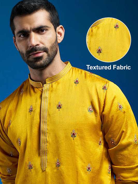 Ethnic Motifs Embroidered Mandarin Collar Tissue Silk Straight Kurta