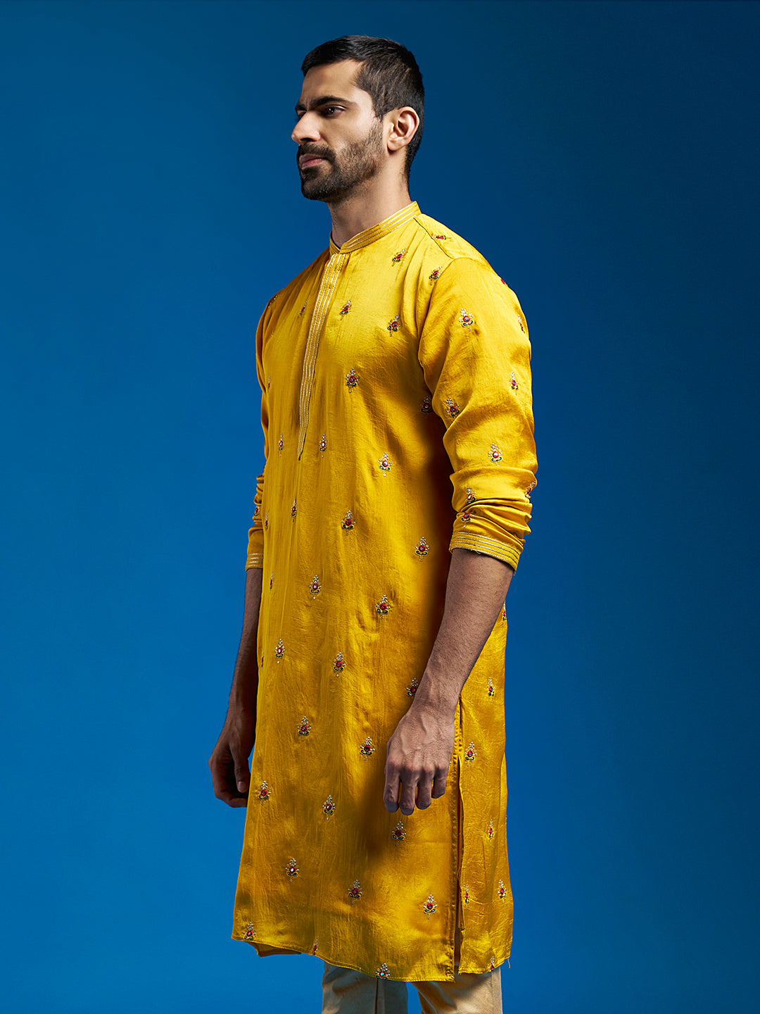 Ethnic Motifs Embroidered Mandarin Collar Tissue Silk Straight Kurta