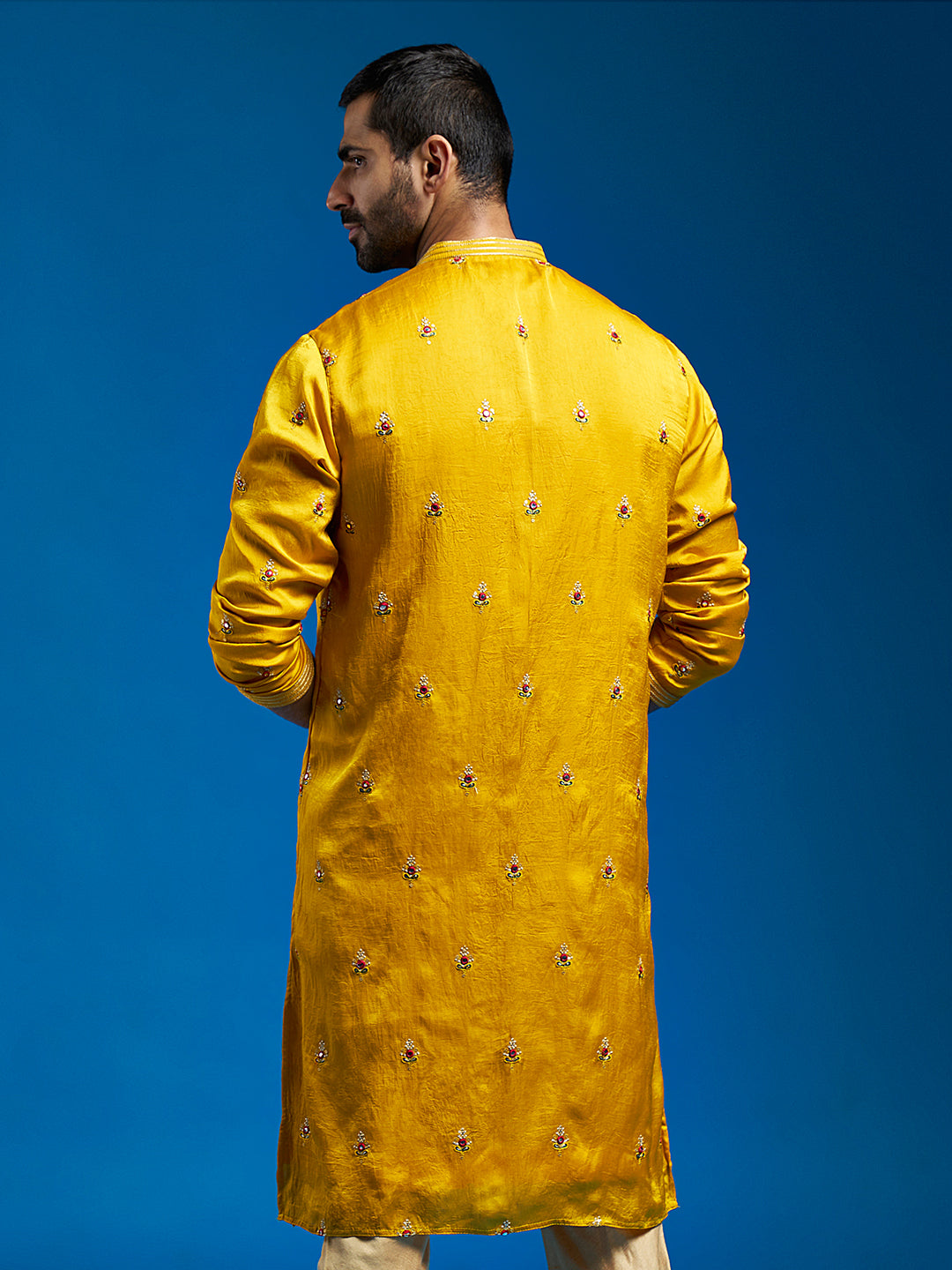 Ethnic Motifs Embroidered Mandarin Collar Tissue Silk Straight Kurta