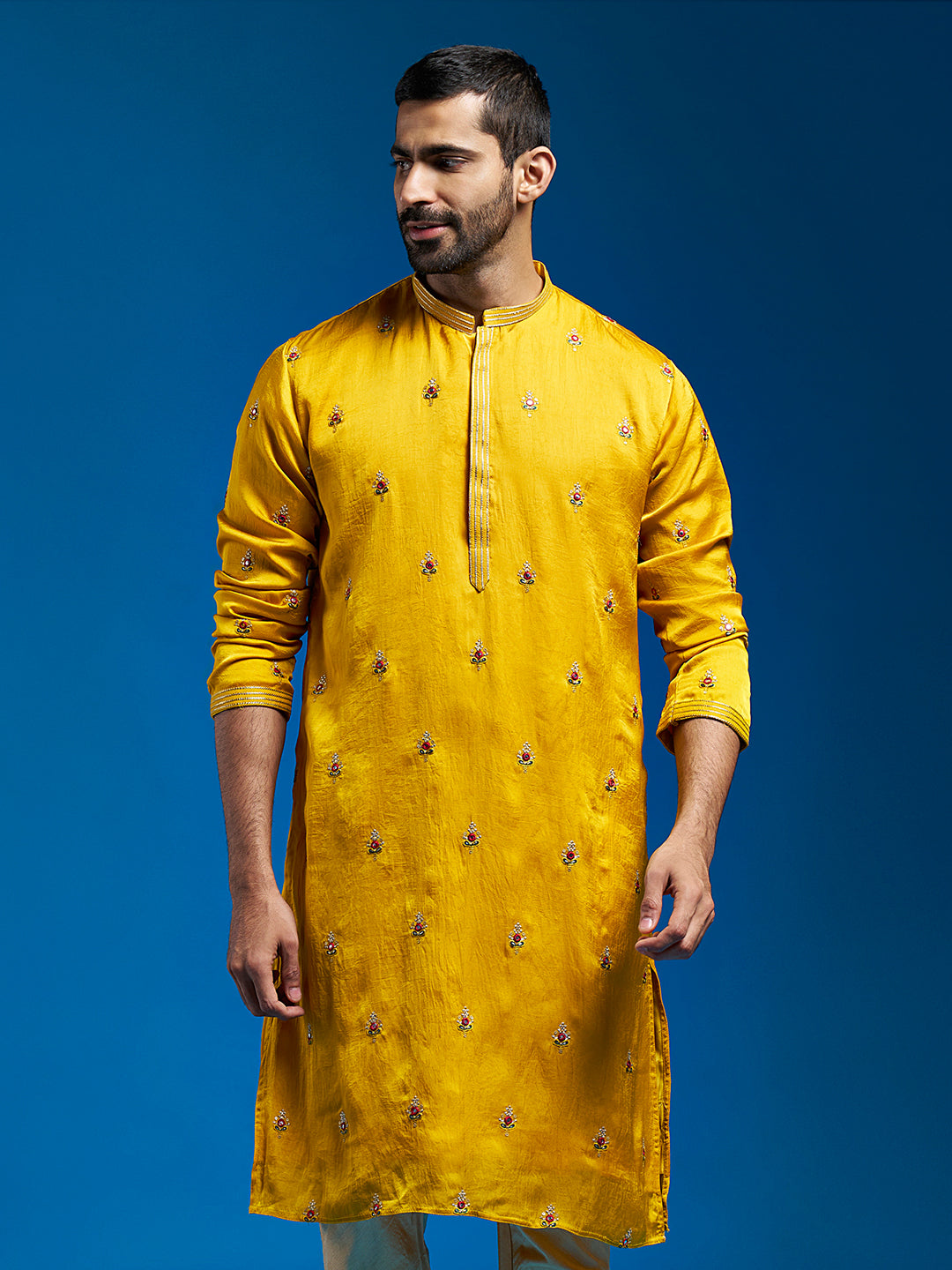 Ethnic Motifs Embroidered Mandarin Collar Tissue Silk Straight Kurta