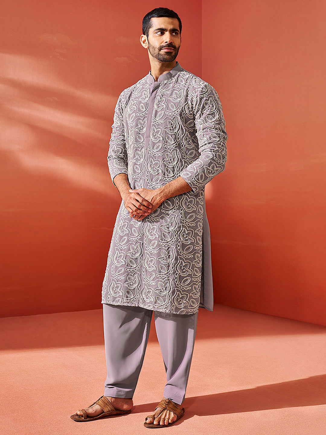 Stylist Lavender Faux Geogette Festival Men's Kurta Set