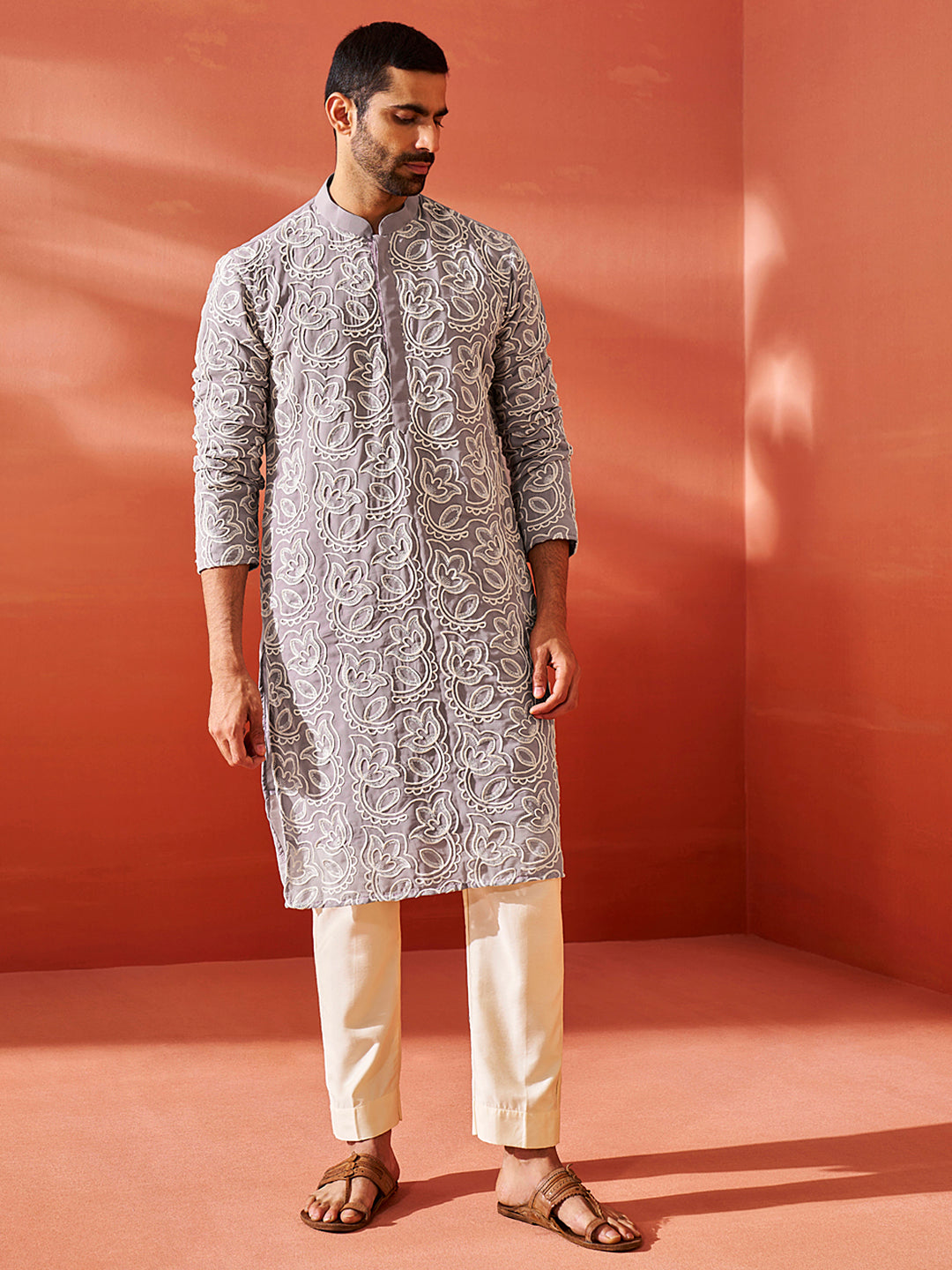 Lavender Faux Geogette Festival Wear Men's Kurta Set