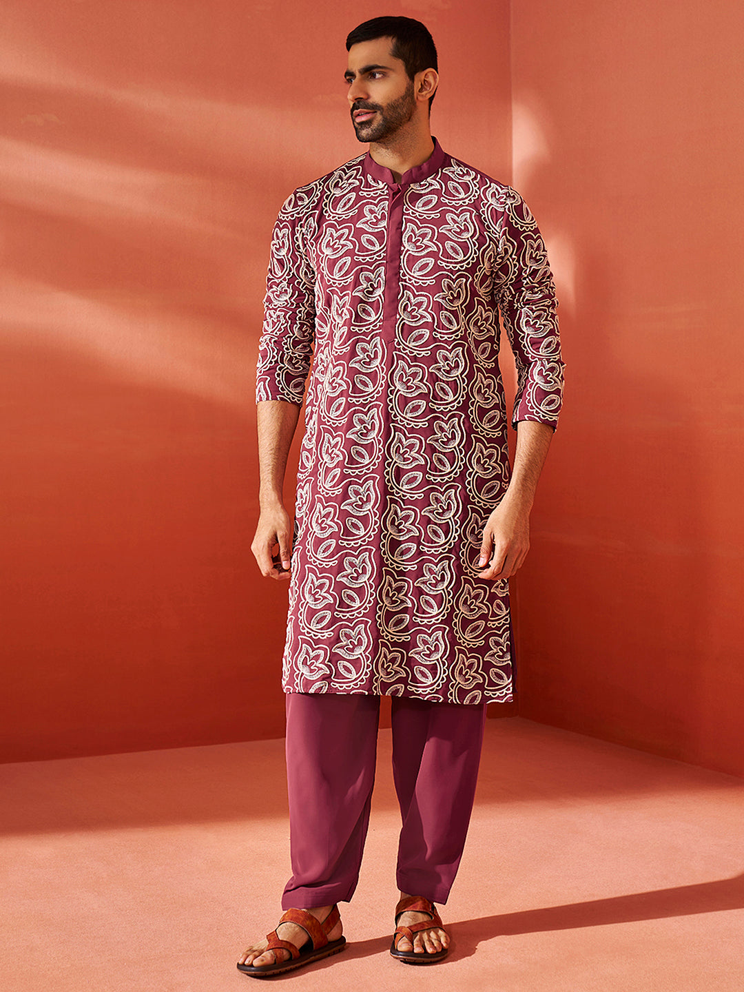 Maroon Faux Geogette Festival Men's Kurta Set