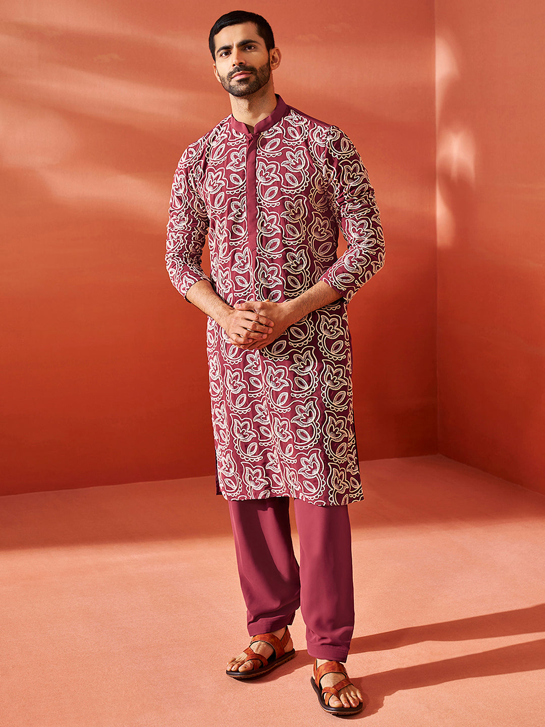 Maroon Faux Geogette Festival Men's Kurta Set